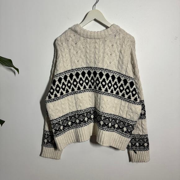 Mango Sweater Women XL White Black Rounded Neck Braided Cable Knit Rory Gilmore - Picture 2 of 6